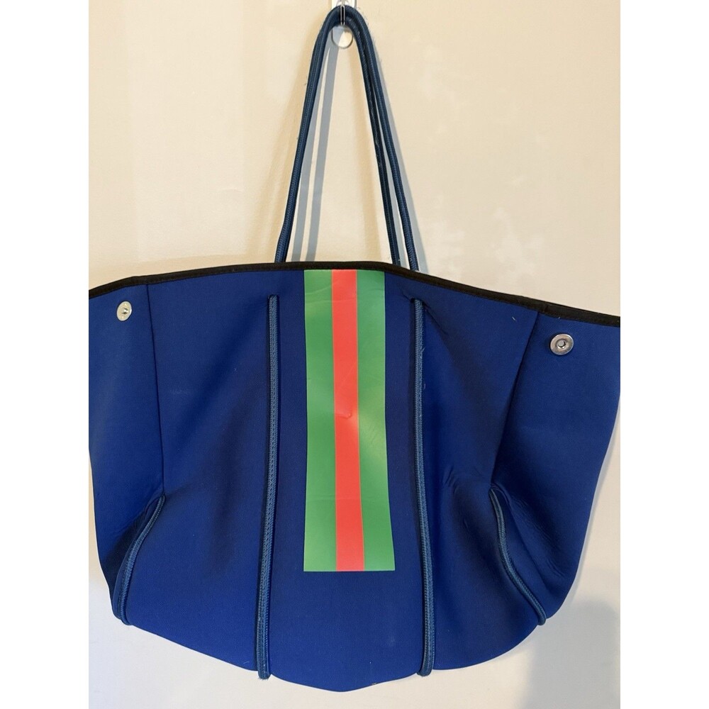 Parker and Hyde Neoprene Tote Bag Blue With Red & Green Striped Pattern, Large